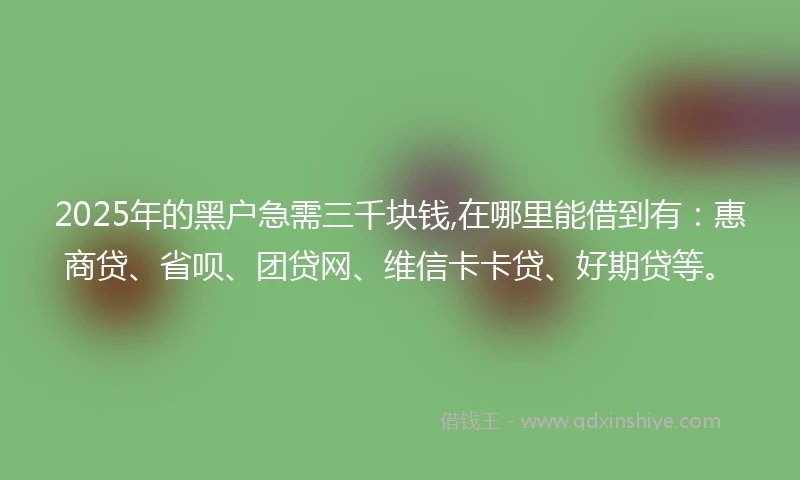 2025年的黑户急需三千块钱,在哪里能借到有：惠商贷、省呗、团贷网、维信卡卡贷、好期贷等。