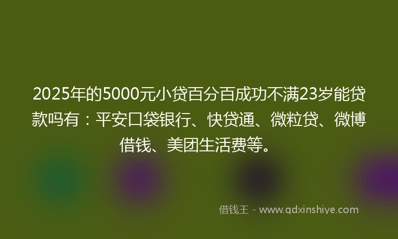 2025年的5000元小贷百分百成功不满23岁能贷款吗有：平安口袋银行、快贷通、微粒贷、微博借钱、美团生活费等。