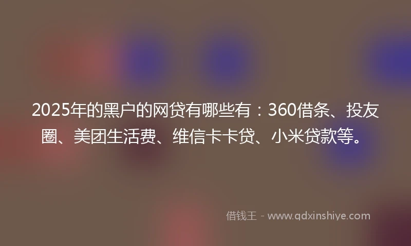 2025年的黑户的网贷有哪些有：360借条、投友圈、美团生活费、维信卡卡贷、小米贷款等。