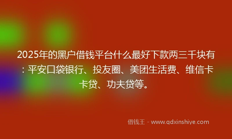 2025年的黑户借钱平台什么最好下款两三千块有：平安口袋银行、投友圈、美团生活费、维信卡卡贷、功夫贷等。