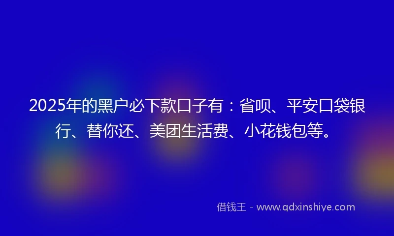 2025年的黑户必下款口子有：省呗、平安口袋银行、替你还、美团生活费、小花钱包等。