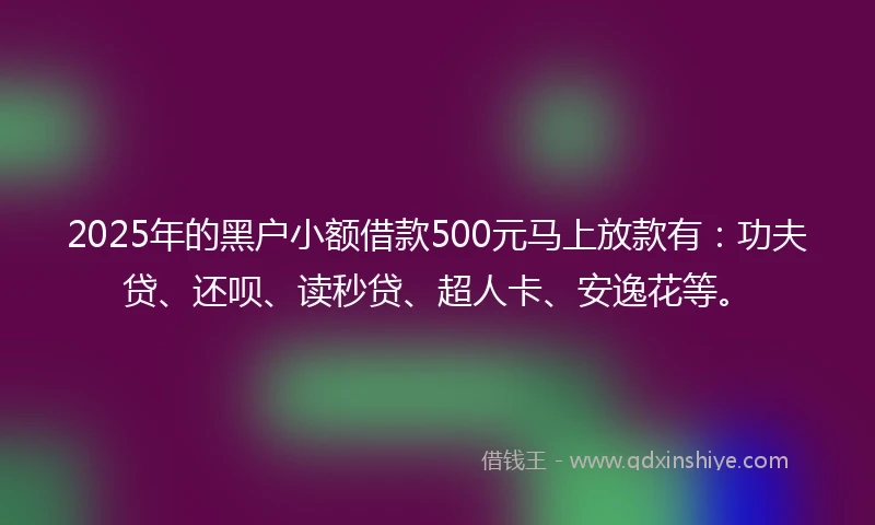 2025年的黑户小额借款500元马上放款有：功夫贷、还呗、读秒贷、超人卡、安逸花等。