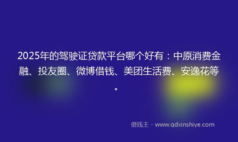 2025年的驾驶证贷款平台哪个好有：中原消费金融、投友圈、微博借钱、美团生活费、安逸花等。