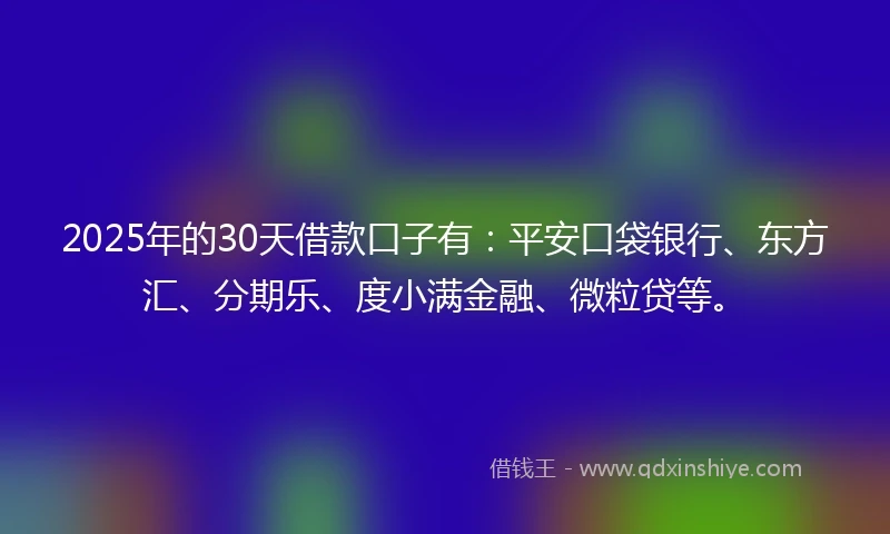 2025年的30天借款口子有：平安口袋银行、东方汇、分期乐、度小满金融、微粒贷等。