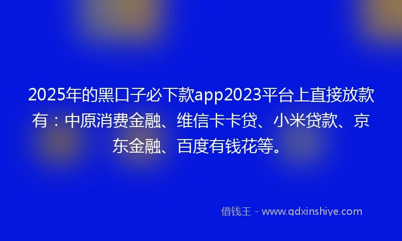 2025年的黑口子必下款app2023平台上直接放款有：中原消费金融、维信卡卡贷、小米贷款、京东金融、百度有钱花等。