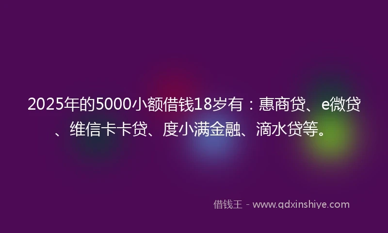 2025年的5000小额借钱18岁有：惠商贷、e微贷、维信卡卡贷、度小满金融、滴水贷等。