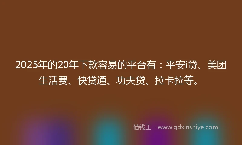 2025年的20年下款容易的平台有：平安i贷、美团生活费、快贷通、功夫贷、拉卡拉等。
