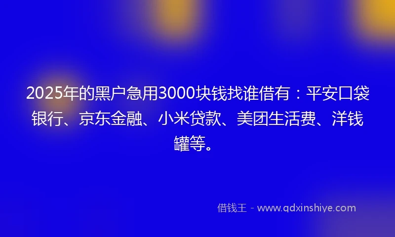 2025年的黑户急用3000块钱找谁借有：平安口袋银行、京东金融、小米贷款、美团生活费、洋钱罐等。
