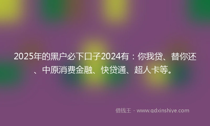 2025年的黑户必下口子2024有：你我贷、替你还、中原消费金融、快贷通、超人卡等。