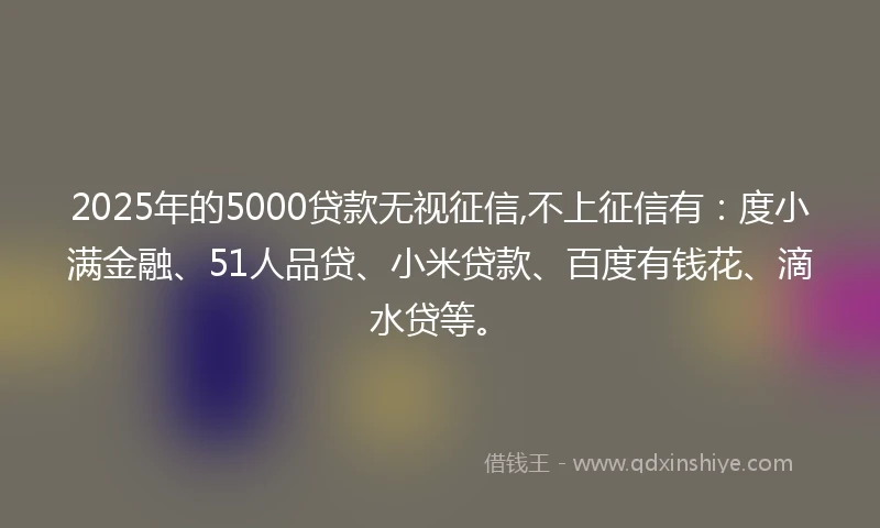 2025年的5000贷款无视征信,不上征信有：度小满金融、51人品贷、小米贷款、百度有钱花、滴水贷等。