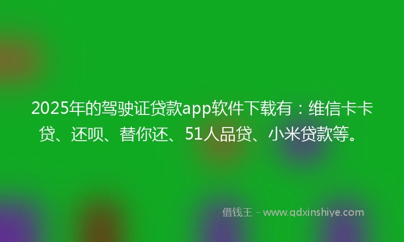 2025年的驾驶证贷款app软件下载有：维信卡卡贷、还呗、替你还、51人品贷、小米贷款等。