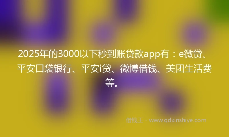 2025年的3000以下秒到账贷款app有：e微贷、平安口袋银行、平安i贷、微博借钱、美团生活费等。