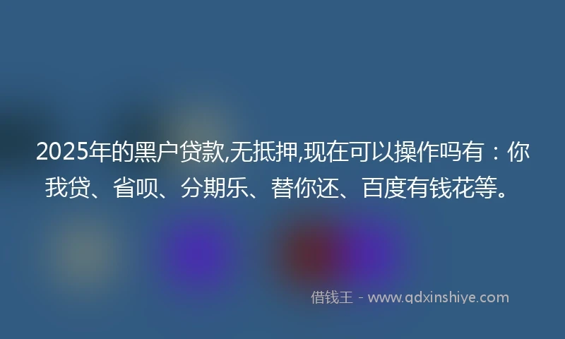 2025年的黑户贷款,无抵押,现在可以操作吗有：你我贷、省呗、分期乐、替你还、百度有钱花等。