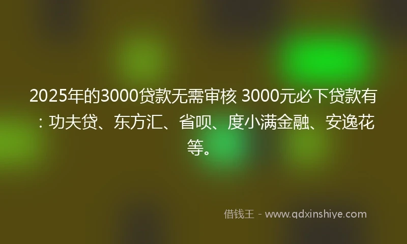 2025年的3000贷款无需审核 3000元必下贷款有：功夫贷、东方汇、省呗、度小满金融、安逸花等。