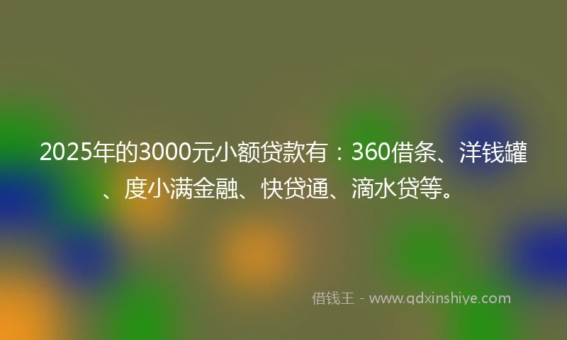 2025年的3000元小额贷款有：360借条、洋钱罐、度小满金融、快贷通、滴水贷等。