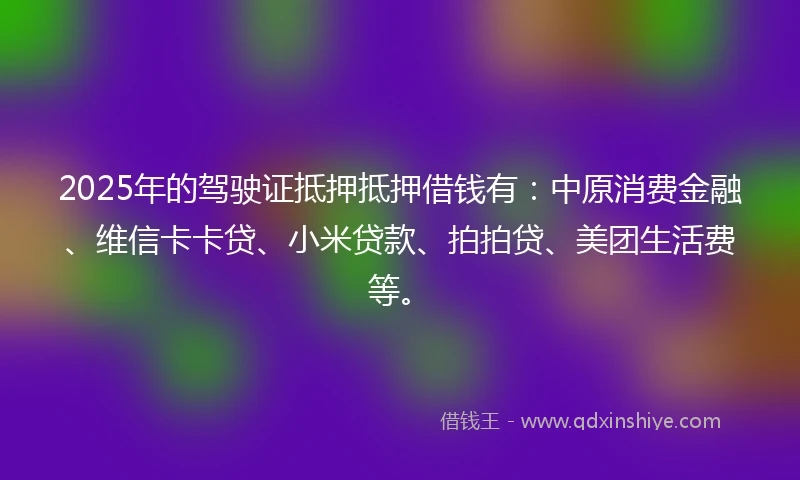 2025年的驾驶证抵押抵押借钱有：中原消费金融、维信卡卡贷、小米贷款、拍拍贷、美团生活费等。
