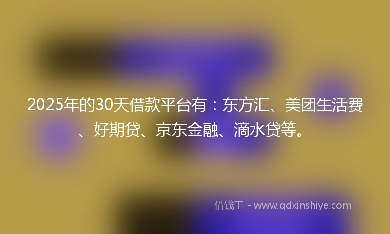 2025年的30天借款平台有：东方汇、美团生活费、好期贷、京东金融、滴水贷等。