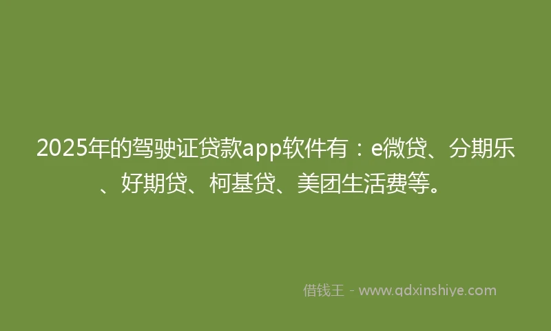 2025年的驾驶证贷款app软件有：e微贷、分期乐、好期贷、柯基贷、美团生活费等。