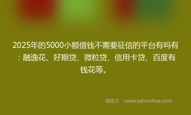 2025年的5000小额借钱不需要征信的平台有吗有：融逸花、好期贷、微粒贷、信用卡贷、百度有钱花等。
