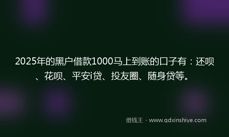 2025年的黑户借款1000马上到账的口子有：还呗、花呗、平安i贷、投友圈、随身贷等。