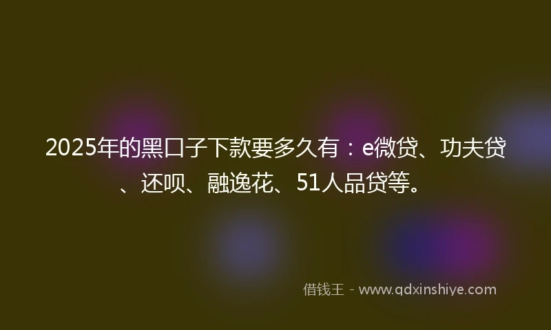 2025年的黑口子下款要多久有：e微贷、功夫贷、还呗、融逸花、51人品贷等。