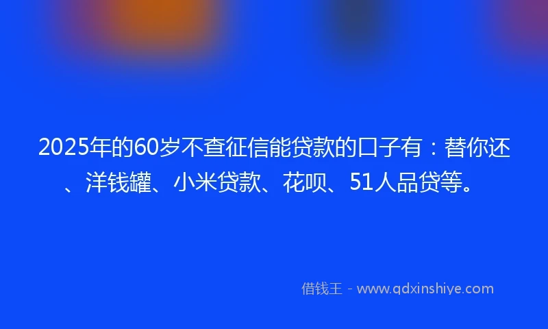 2025年的60岁不查征信能贷款的口子有：替你还、洋钱罐、小米贷款、花呗、51人品贷等。