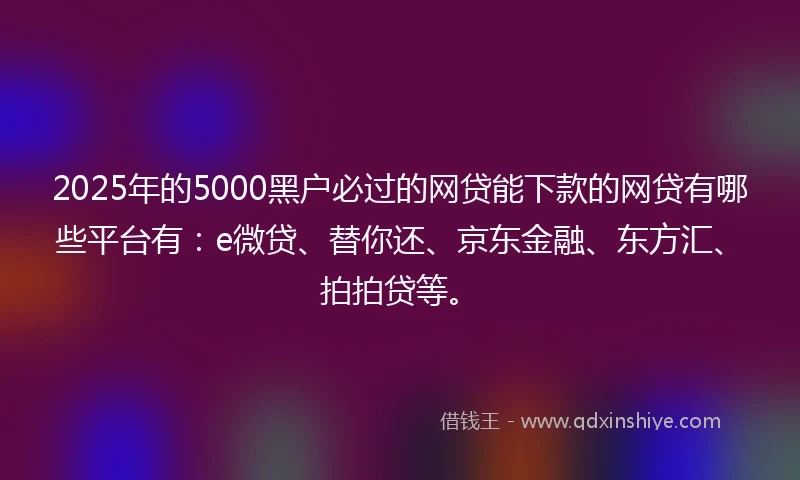 2025年的5000黑户必过的网贷能下款的网贷有哪些平台有：e微贷、替你还、京东金融、东方汇、拍拍贷等。