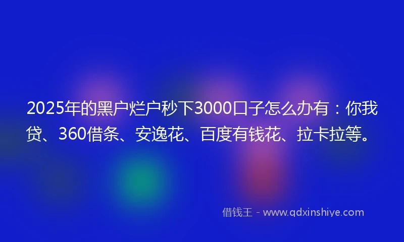 2025年的黑户烂户秒下3000口子怎么办有：你我贷、360借条、安逸花、百度有钱花、拉卡拉等。
