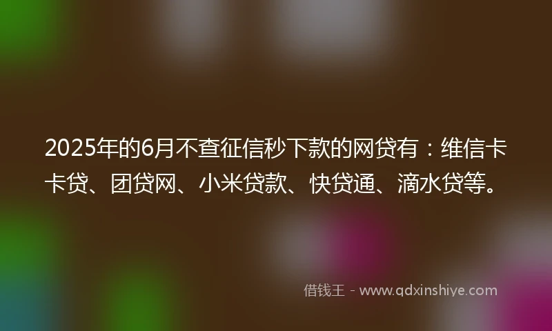 2025年的6月不查征信秒下款的网贷有：维信卡卡贷、团贷网、小米贷款、快贷通、滴水贷等。