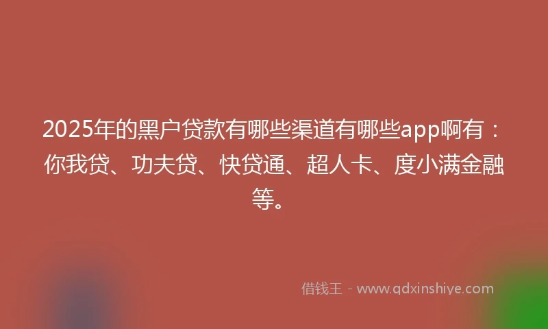 2025年的黑户贷款有哪些渠道有哪些app啊有：你我贷、功夫贷、快贷通、超人卡、度小满金融等。