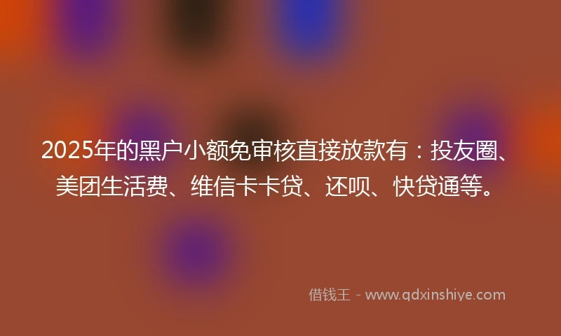 2025年的黑户小额免审核直接放款有：投友圈、美团生活费、维信卡卡贷、还呗、快贷通等。