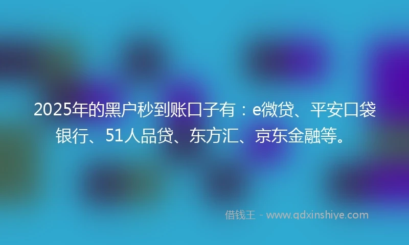 2025年的黑户秒到账口子有：e微贷、平安口袋银行、51人品贷、东方汇、京东金融等。
