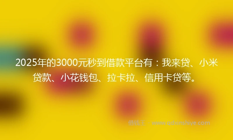 2025年的3000元秒到借款平台有：我来贷、小米贷款、小花钱包、拉卡拉、信用卡贷等。