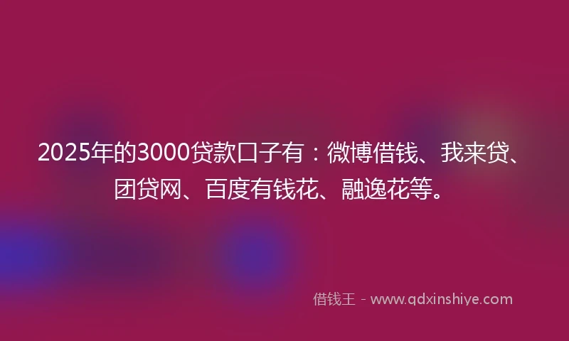 2025年的3000贷款口子有：微博借钱、我来贷、团贷网、百度有钱花、融逸花等。