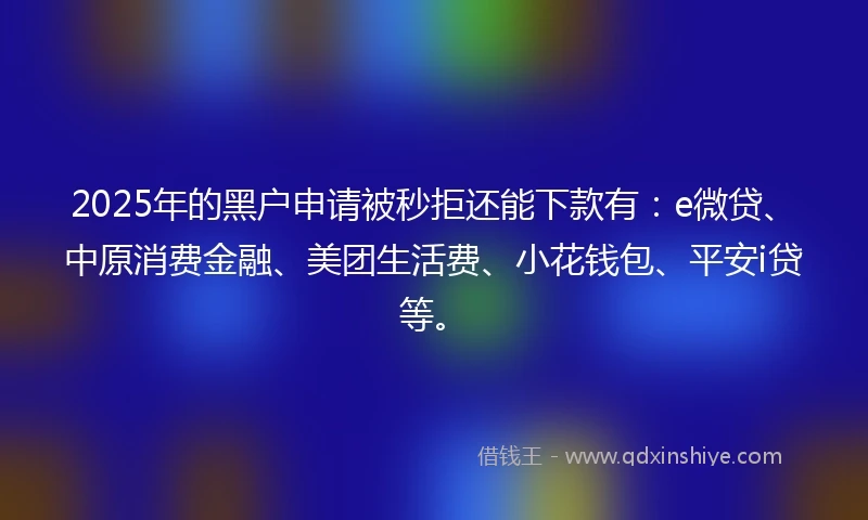 2025年的黑户申请被秒拒还能下款有：e微贷、中原消费金融、美团生活费、小花钱包、平安i贷等。