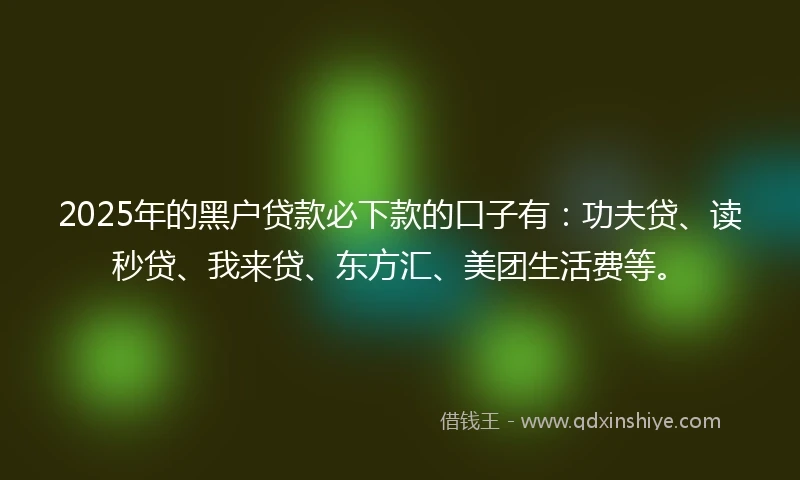 2025年的黑户贷款必下款的口子有：功夫贷、读秒贷、我来贷、东方汇、美团生活费等。