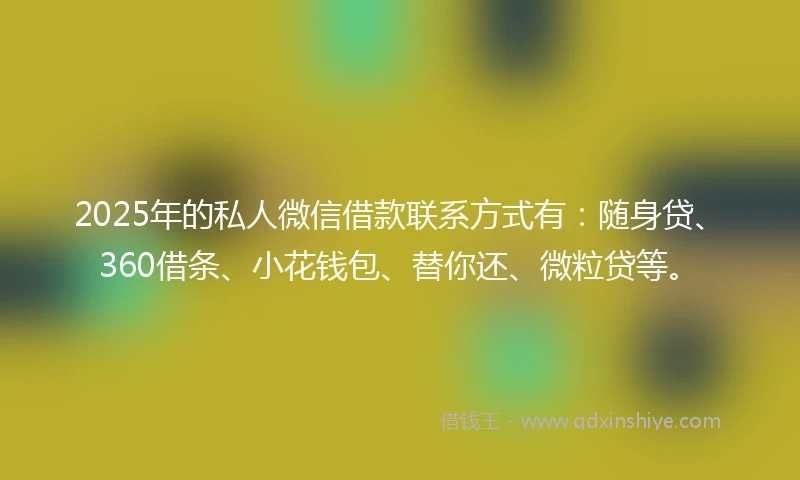 2025年的私人微信借款联系方式有：随身贷、360借条、小花钱包、替你还、微粒贷等。