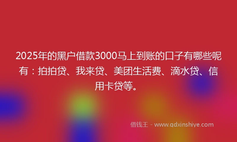 2025年的黑户借款3000马上到账的口子有哪些呢有：拍拍贷、我来贷、美团生活费、滴水贷、信用卡贷等。
