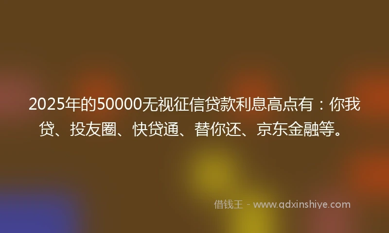 2025年的50000无视征信贷款利息高点有：你我贷、投友圈、快贷通、替你还、京东金融等。