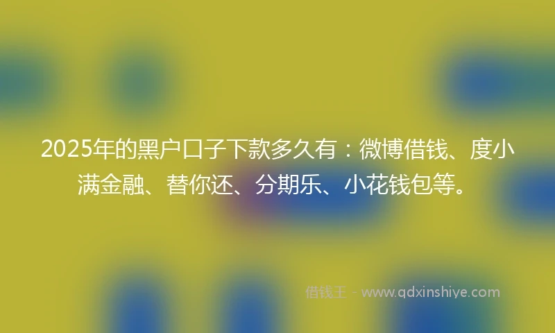 2025年的黑户口子下款多久有：微博借钱、度小满金融、替你还、分期乐、小花钱包等。