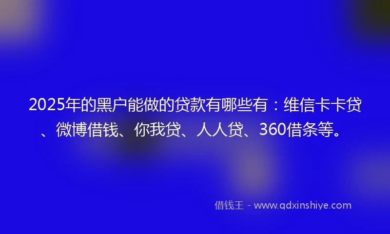 2025年的黑户能做的贷款有哪些有：维信卡卡贷、微博借钱、你我贷、人人贷、360借条等。