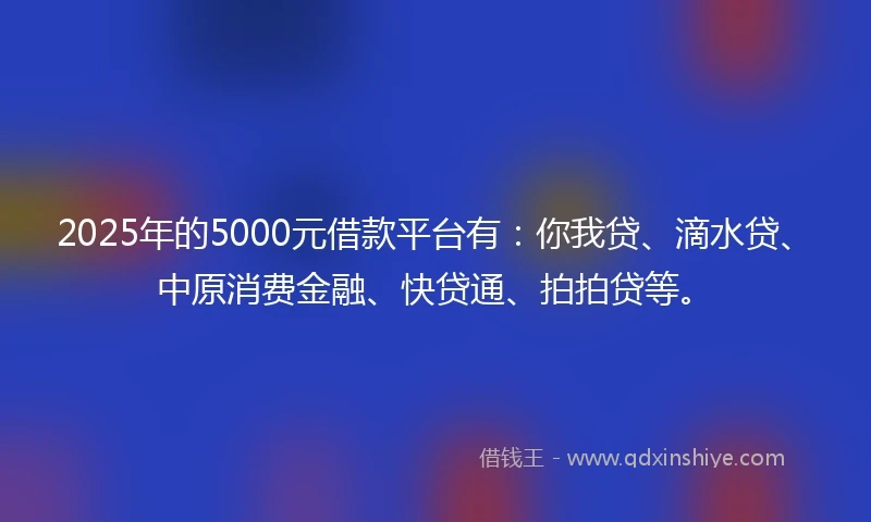 2025年的5000元借款平台有：你我贷、滴水贷、中原消费金融、快贷通、拍拍贷等。