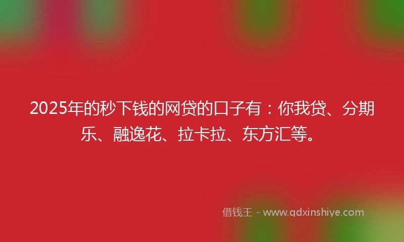 2025年的秒下钱的网贷的口子有：你我贷、分期乐、融逸花、拉卡拉、东方汇等。