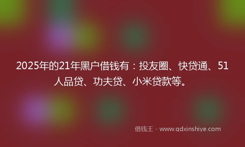 2025年的21年黑户借钱有：投友圈、快贷通、51人品贷、功夫贷、小米贷款等。