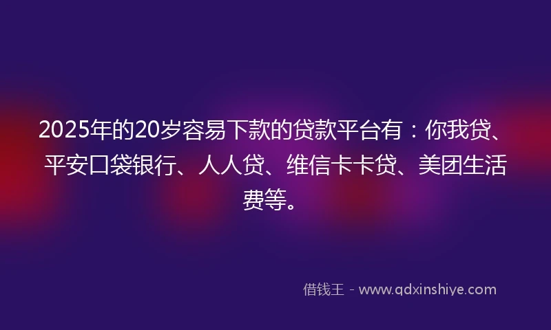 2025年的20岁容易下款的贷款平台有：你我贷、平安口袋银行、人人贷、维信卡卡贷、美团生活费等。