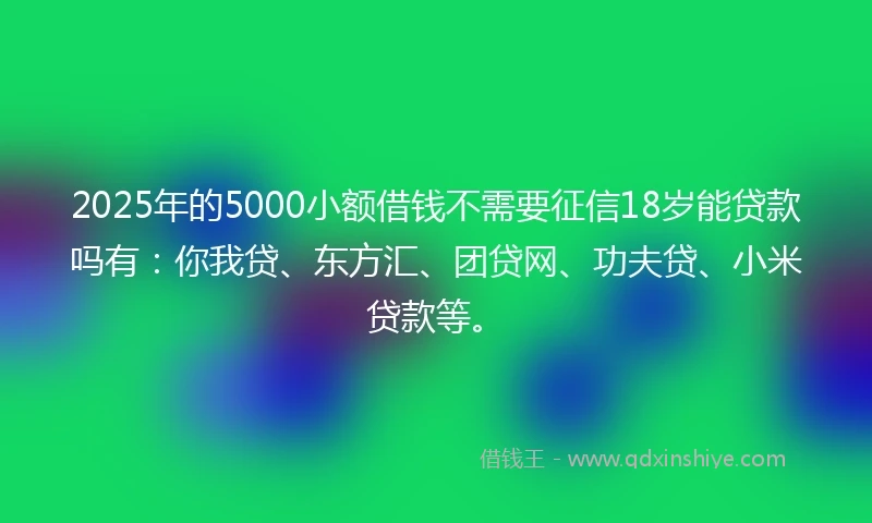 2025年的5000小额借钱不需要征信18岁能贷款吗有：你我贷、东方汇、团贷网、功夫贷、小米贷款等。
