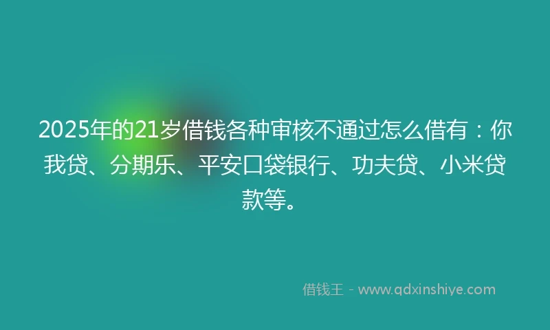 2025年的21岁借钱各种审核不通过怎么借有：你我贷、分期乐、平安口袋银行、功夫贷、小米贷款等。