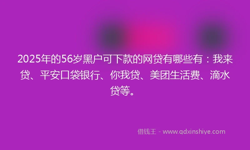 2025年的56岁黑户可下款的网贷有哪些有：我来贷、平安口袋银行、你我贷、美团生活费、滴水贷等。