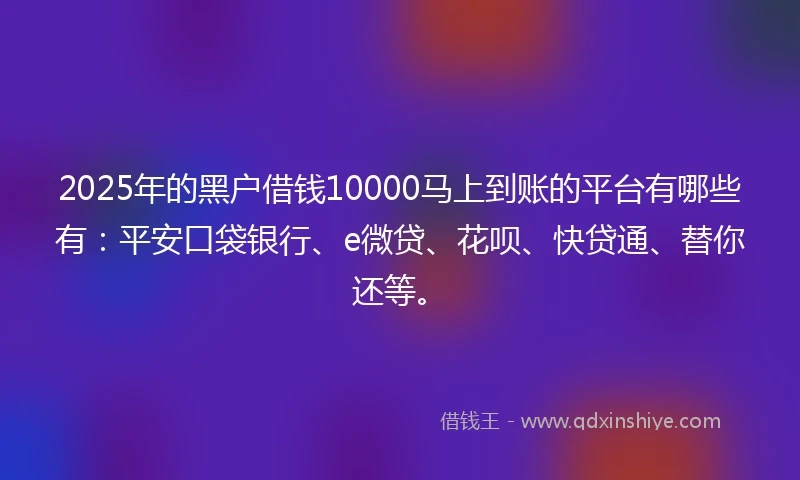 2025年的黑户借钱10000马上到账的平台有哪些有：平安口袋银行、e微贷、花呗、快贷通、替你还等。