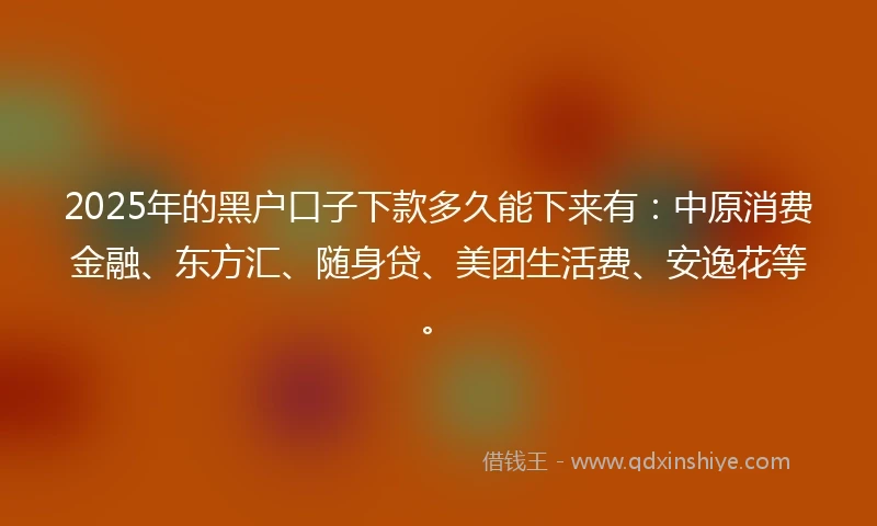 2025年的黑户口子下款多久能下来有：中原消费金融、东方汇、随身贷、美团生活费、安逸花等。
